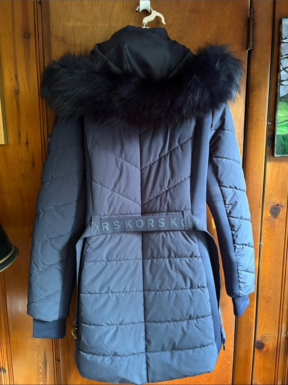 Michael Kors Navy Quilted Hooded Puffer Coat with Fur Trim size L preowned